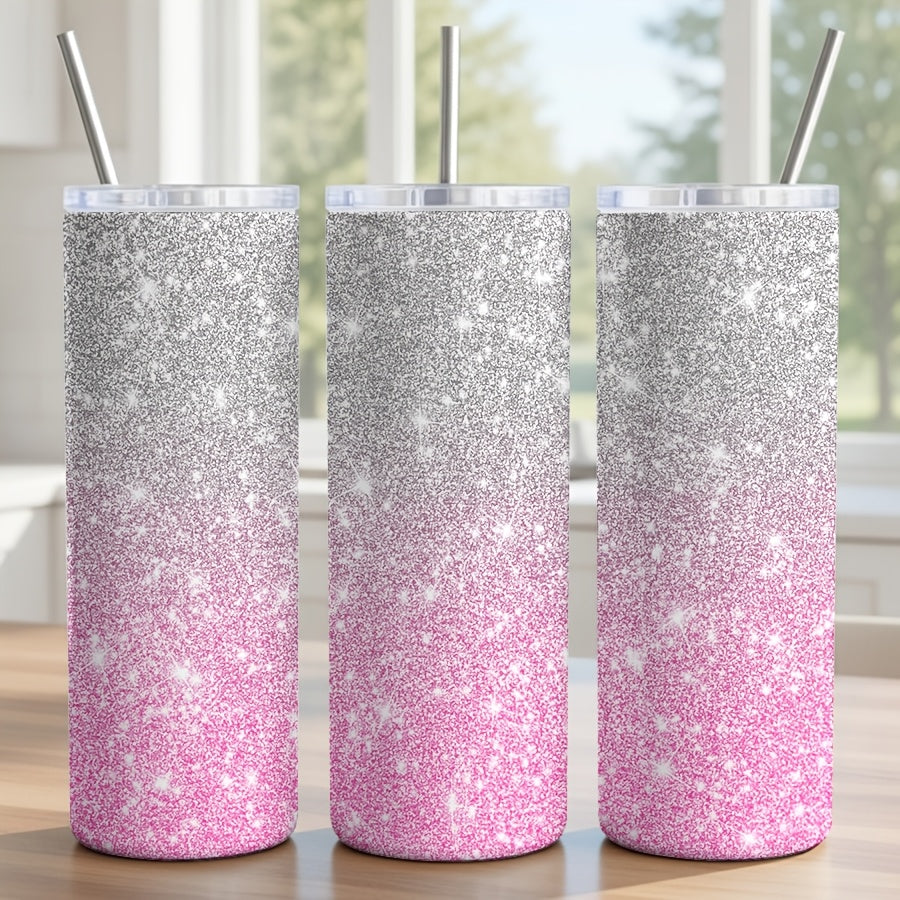 1pc 20Oz Tumbler Featuring a Glitter Gradient Design Adorned with Silver And Pink Sparkles