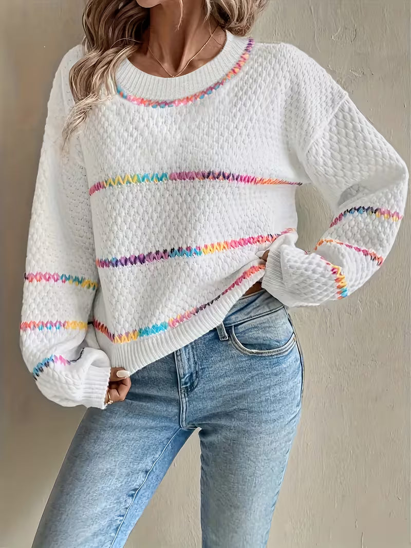 Women's Loose Crew Neck Sweater - Elegant Color Striped Pullover, Soft Polyester, Relaxed Style for Casual or — view 7