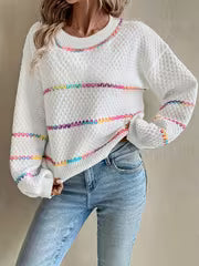 Women's Loose Crew Neck Sweater - Elegant Color Striped Pullover, Soft Polyester, Relaxed Style for Casual or — view 2
