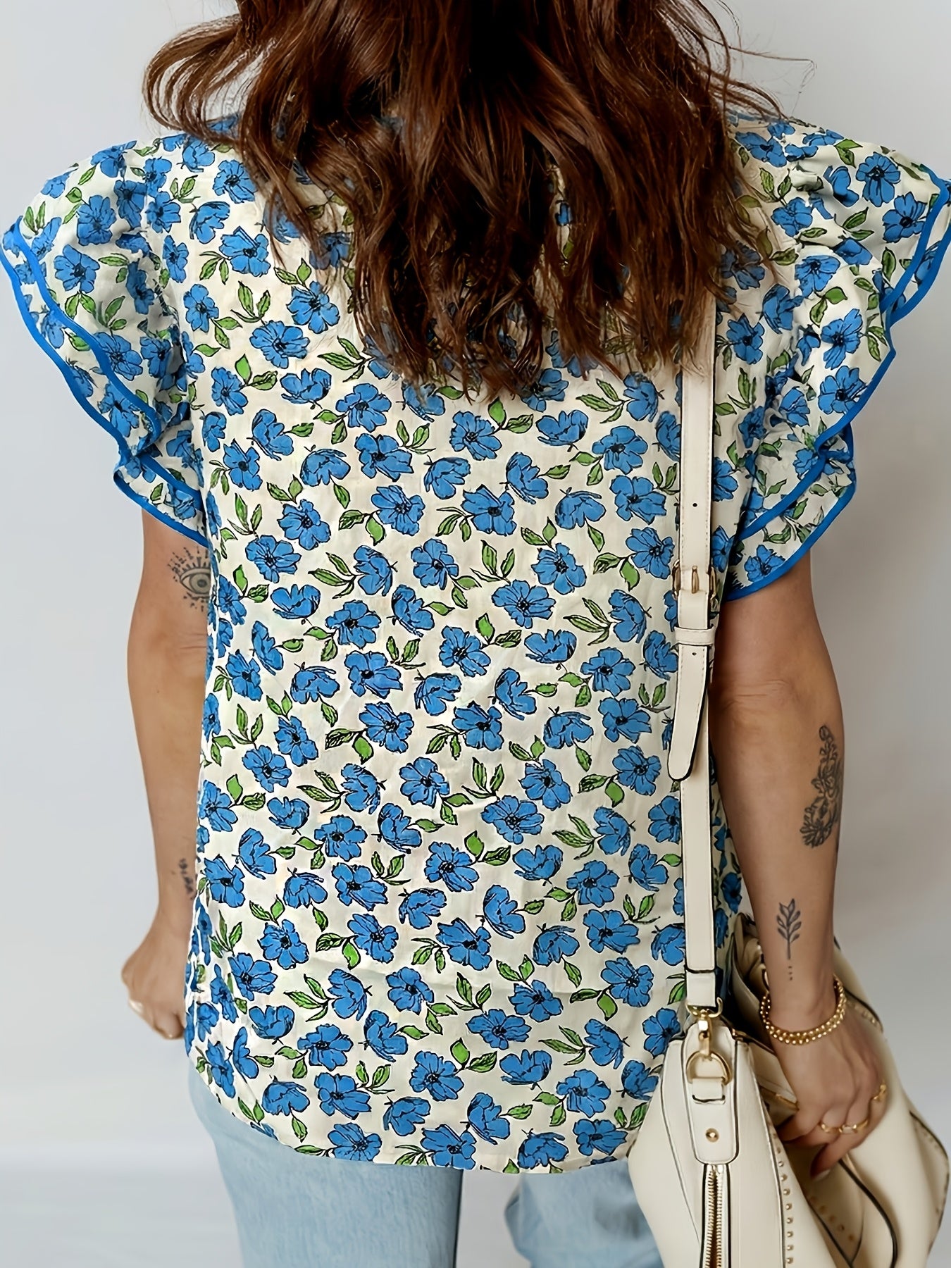 Sky Blue Tiered Flutter Sleeve Pleated Flower Blouse