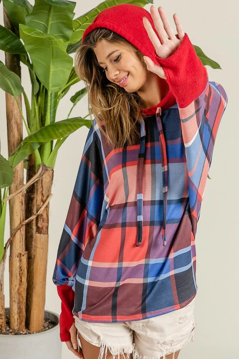 BiBi Plaid Mirr Brushed Rib Contrast Thumb Open Hoodie