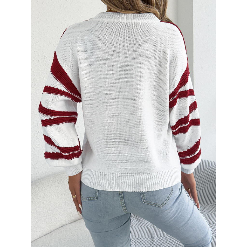 Color Block Striped Lantern Sleeve Pullover Sweater BJS347