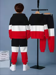 Boys' Hooded Zip-up Set, Color-block Long-sleeve Top and Jogger Pants, 2pcs Fashion Casual Daily Wear Children's — view 3