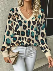 Women's Fall Winter New Thick Printed Loose V Neck Pullover Fashion Casual Long Sleeve Warm Top Versatile Slim — view 3