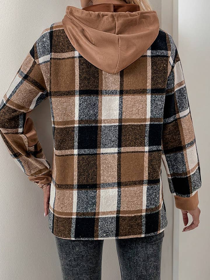 CWOHOL0906_LONG-SLEEVED Plaid Colorblock Hooded Sweatshirt