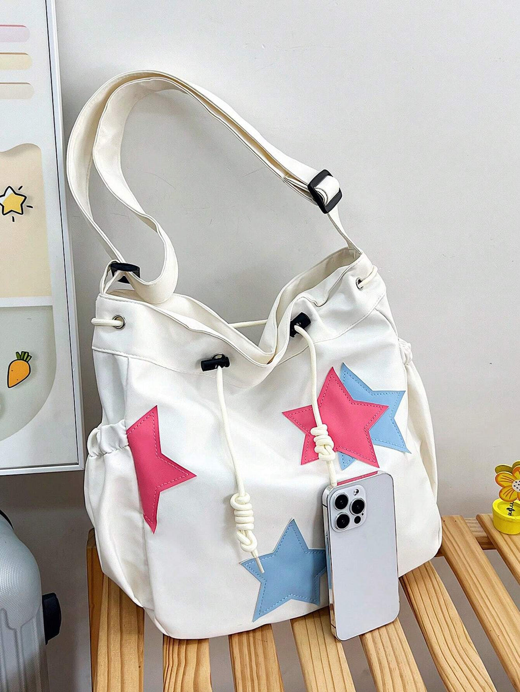 Solid Color Nylon Fabric Five-Point Star Decor Large Capacity Tote Bag Women's Shoulder Crossbody Student Bag
