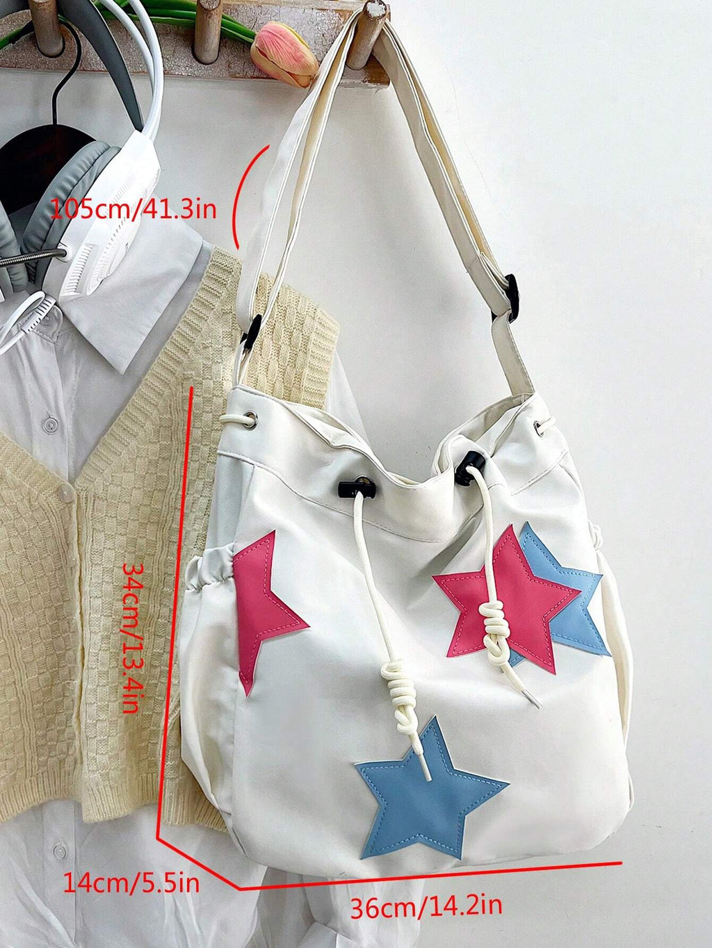 Solid Color Nylon Fabric Five-Point Star Decor Large Capacity Tote Bag Women's Shoulder Crossbody Student Bag
