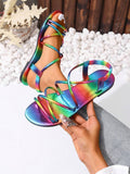 2026 New Fashion Roman Sandals With Lace-Up, Women's Rainbow Stripe Flat Casual Sandals, Simple Comfortable Daily Wear Slip-On Flat Beach Sandals