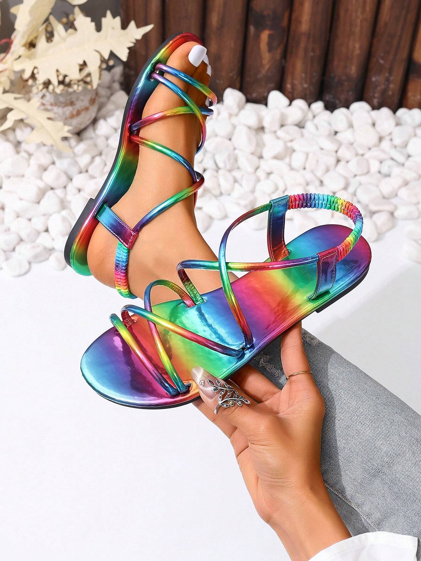 2026 New Fashion Roman Sandals With Lace-Up, Women's Rainbow Stripe Flat Casual Sandals, Simple Comfortable Daily Wear Slip-On Flat Beach Sandals
