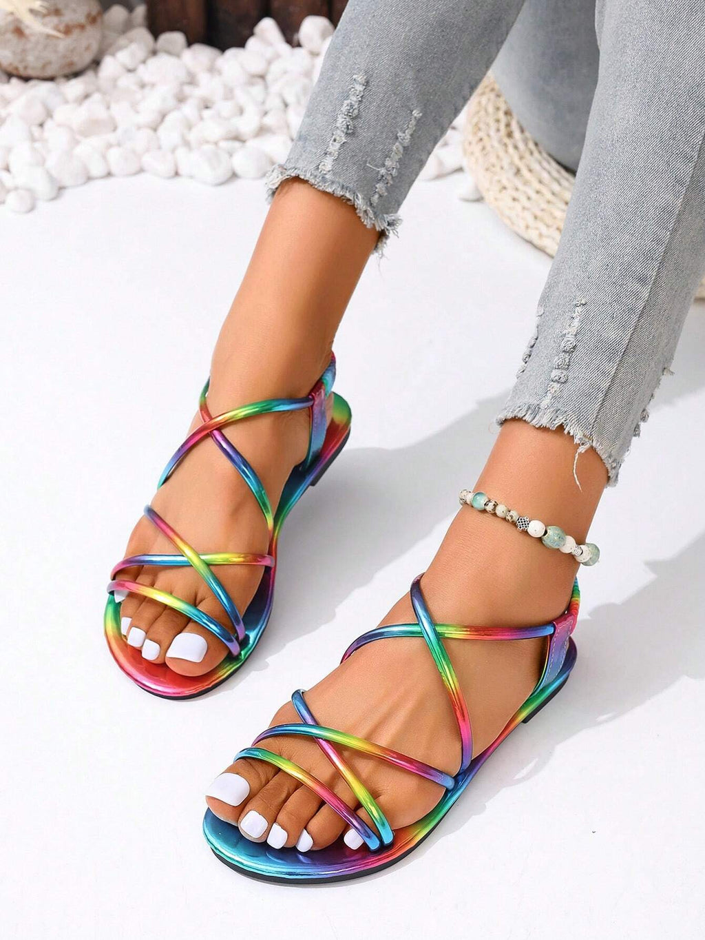 2026 New Fashion Roman Sandals With Lace-Up, Women's Rainbow Stripe Flat Casual Sandals, Simple Comfortable Daily Wear Slip-On Flat Beach Sandals