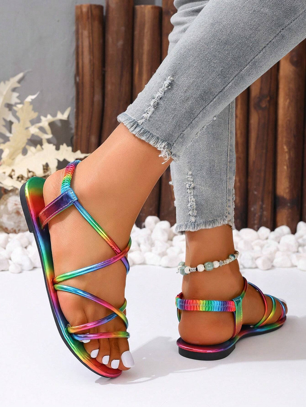 2026 New Fashion Roman Sandals With Lace-Up, Women's Rainbow Stripe Flat Casual Sandals, Simple Comfortable Daily Wear Slip-On Flat Beach Sandals