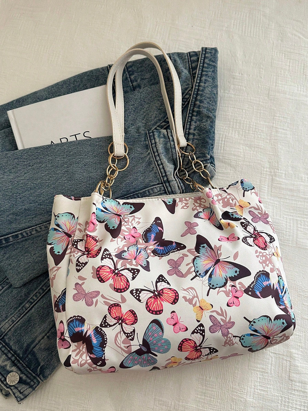 Fashion Striped Handbag - Women's Large Capacity Shoulder Bag - Zipper Tote Bag For Daily Use - Metal Chain Tote With Colorful Butterfly Pattern, Waterproof Nylon Fabric, Suitable For Back To School