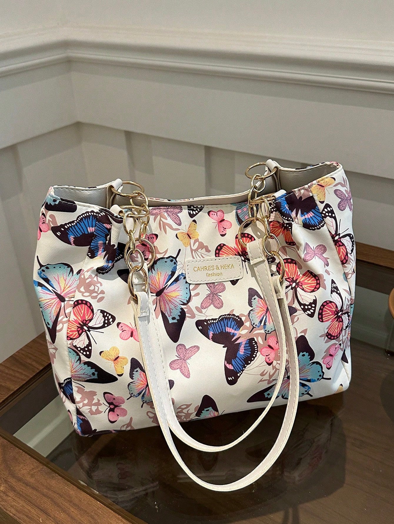 Fashion Striped Handbag - Women's Large Capacity Shoulder Bag - Zipper Tote Bag For Daily Use - Metal Chain Tote With Colorful Butterfly Pattern, Waterproof Nylon Fabric, Suitable For Back To School