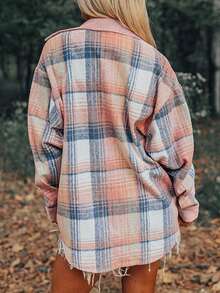 Ladies' Young And Fashionable Checkered Patchwork Long Sleeved Lapel Autumn And Winter New Jacket Casual Pink — view 2