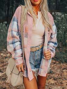 Ladies' Young And Fashionable Checkered Patchwork Long Sleeved Lapel Autumn And Winter New Jacket Casual Pink — view 4