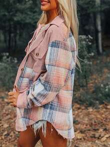 Ladies' Young And Fashionable Checkered Patchwork Long Sleeved Lapel Autumn And Winter New Jacket Casual Pink — view 3