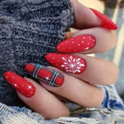 96pcs Christmas Press-On Nails Set - Long Almond Shape, Christmas Grid Red Glitter with Festive Tree & Bow — view 1