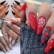 96pcs Christmas Press-On Nails Set - Long Almond Shape, Christmas Grid Red Glitter with Festive Tree & Bow — view 2