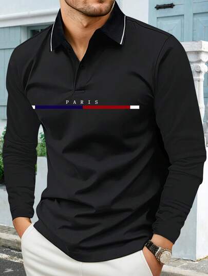 Long Sleeve Men's Polo Shirt With Paris Letter And Colorful