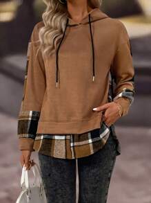 Women Contrast Plaid Long Sleeve Simple Hooded Casual Sweatshirt,Long Sleeve Top, Graduation,Teacher,Back To — view 4