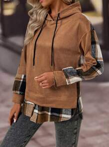 Women Contrast Plaid Long Sleeve Simple Hooded Casual Sweatshirt,Long Sleeve Top, Graduation,Teacher,Back To — view 5