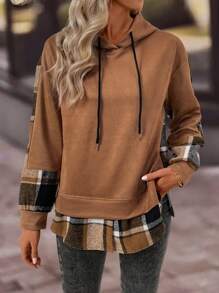 Women Contrast Plaid Long Sleeve Simple Hooded Casual Sweatshirt,Long Sleeve Top, Graduation,Teacher,Back To — view 6