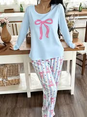 Women'S Casual Pajamas Cute Bow Print Long Sleeve Striped Pants Set — view 2