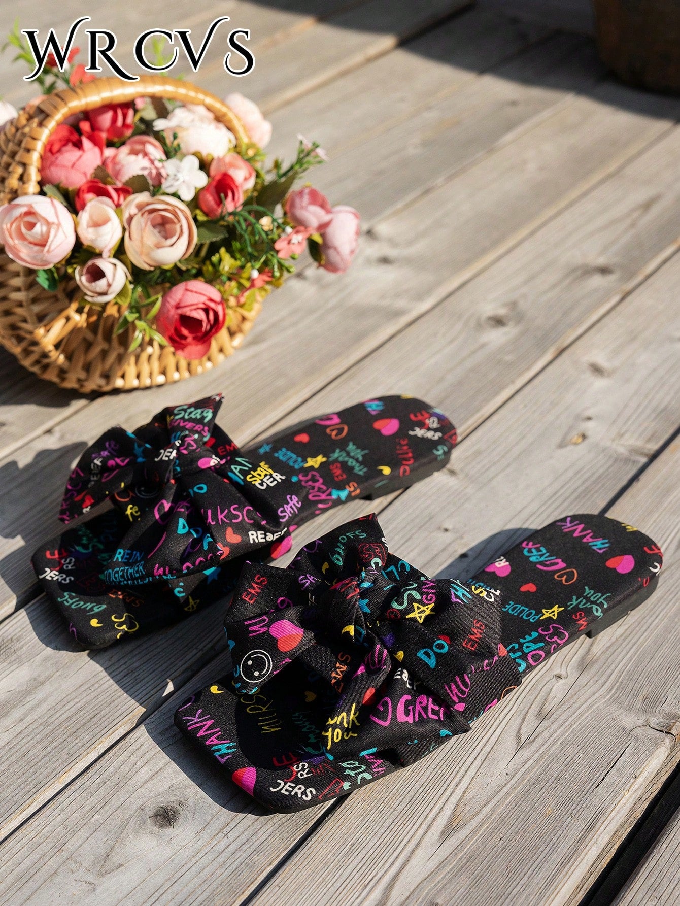 WRCVS Women's Summer Rainbow Print Flat Sandals, Sexy Party Slides With Floral Decor, Bohemian Style Vacation Sandals