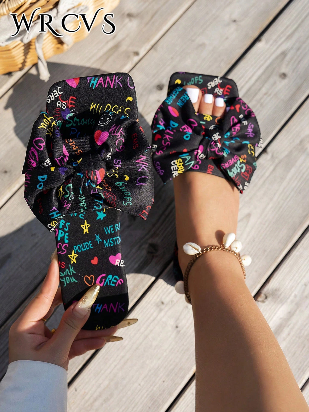 WRCVS Women's Summer Rainbow Print Flat Sandals, Sexy Party Slides With Floral Decor, Bohemian Style Vacation Sandals