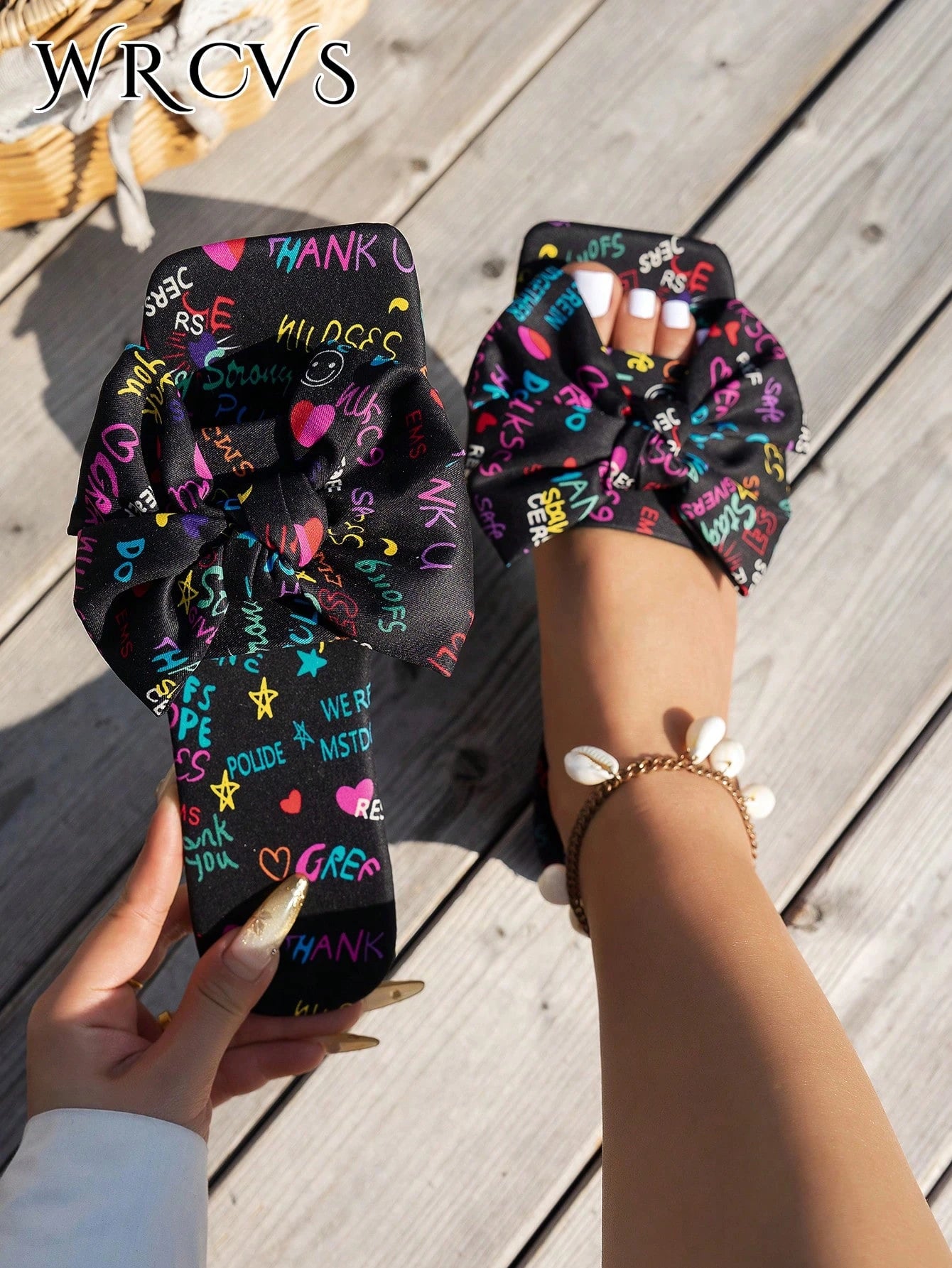WRCVS Women's Summer Rainbow Print Flat Sandals, Sexy Party Slides With Floral Decor, Bohemian Style Vacation Sandals