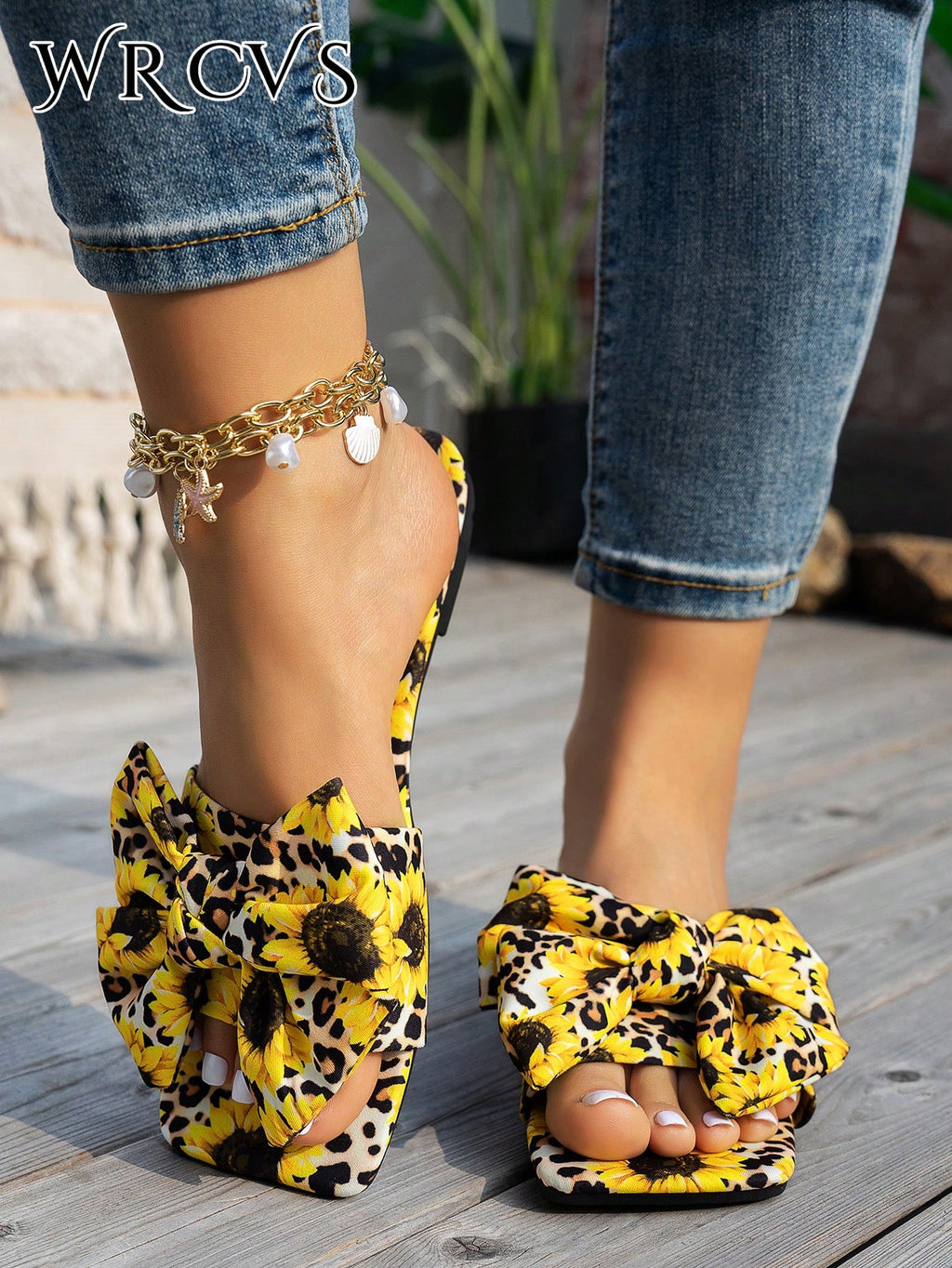 WRCVS Women's Summer Rainbow Print Flat Sandals, Sexy Party Slippers With Floral Decor, Bohemian Style Vacation Sandals