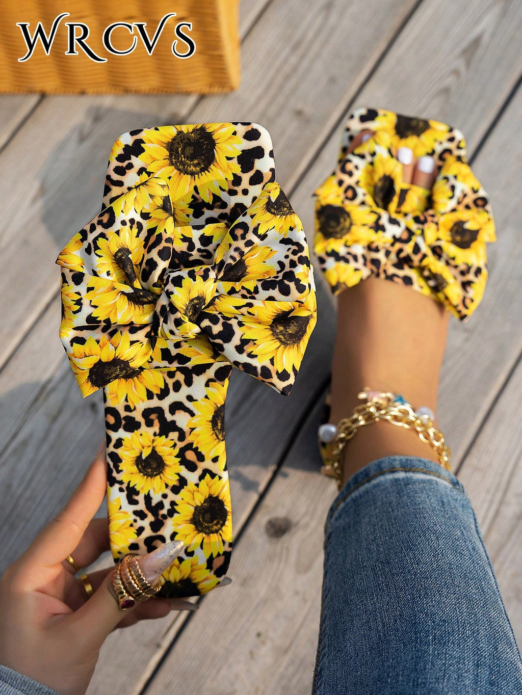 WRCVS Women's Summer Rainbow Print Flat Sandals, Sexy Party Slippers With Floral Decor, Bohemian Style Vacation Sandals