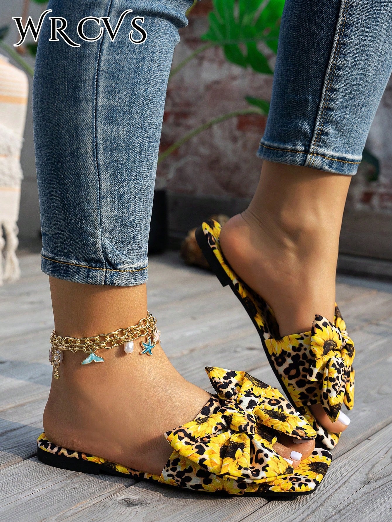 WRCVS Women's Summer Rainbow Print Flat Sandals, Sexy Party Slippers With Floral Decor, Bohemian Style Vacation Sandals