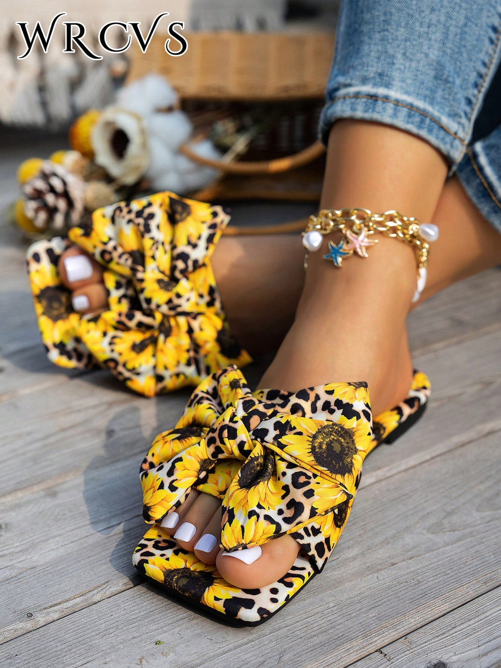 WRCVS Women's Summer Rainbow Print Flat Sandals, Sexy Party Slippers With Floral Decor, Bohemian Style Vacation Sandals