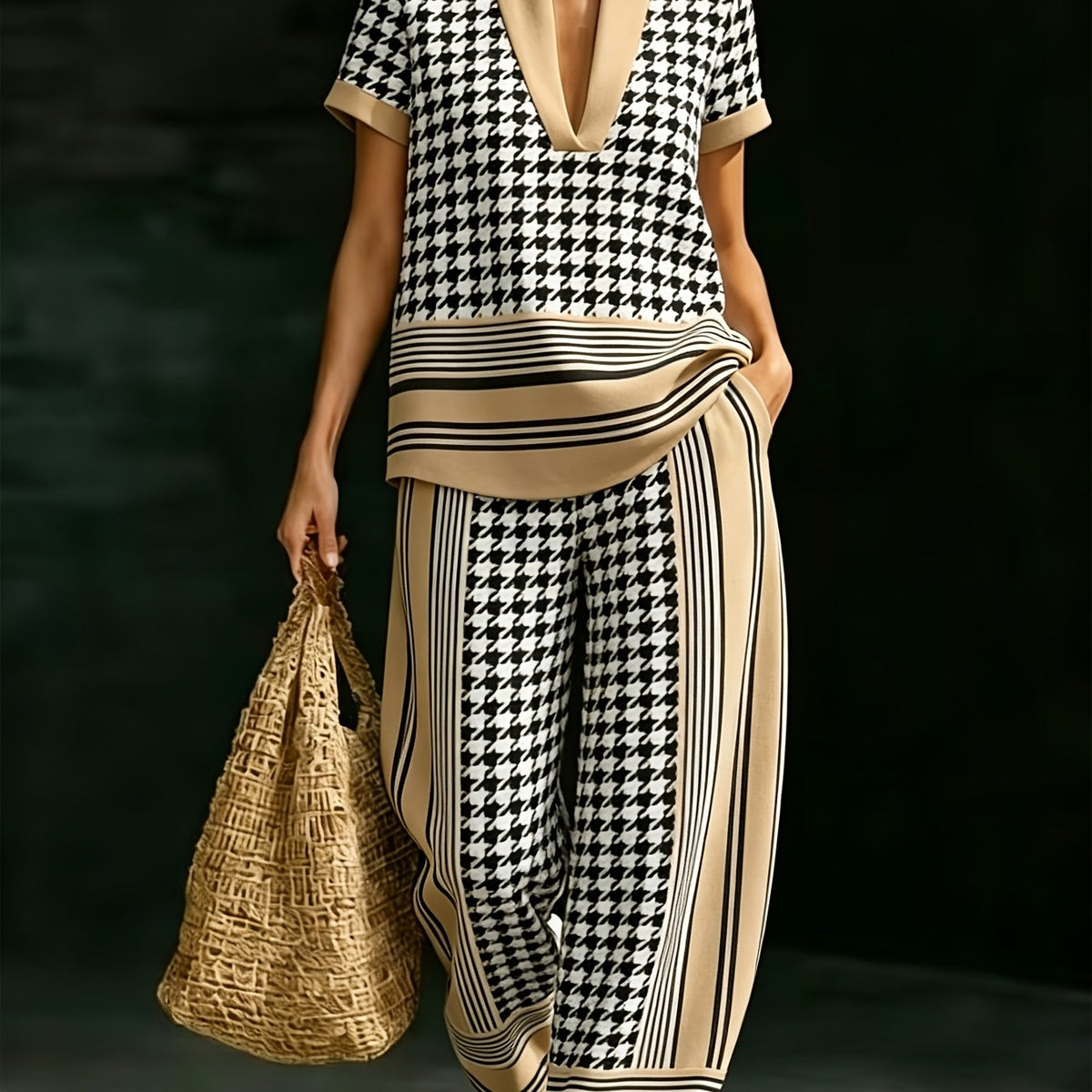 The Board Room Exit | Black & White Houndstooth V-Neck Top & Wide-Leg Pant Set — view 7 of 7