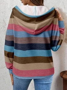 Women's Casual Striped Pattern Half-Zip Hoodie Sweatshirt, Suitable For Autumn/Winter — view 4