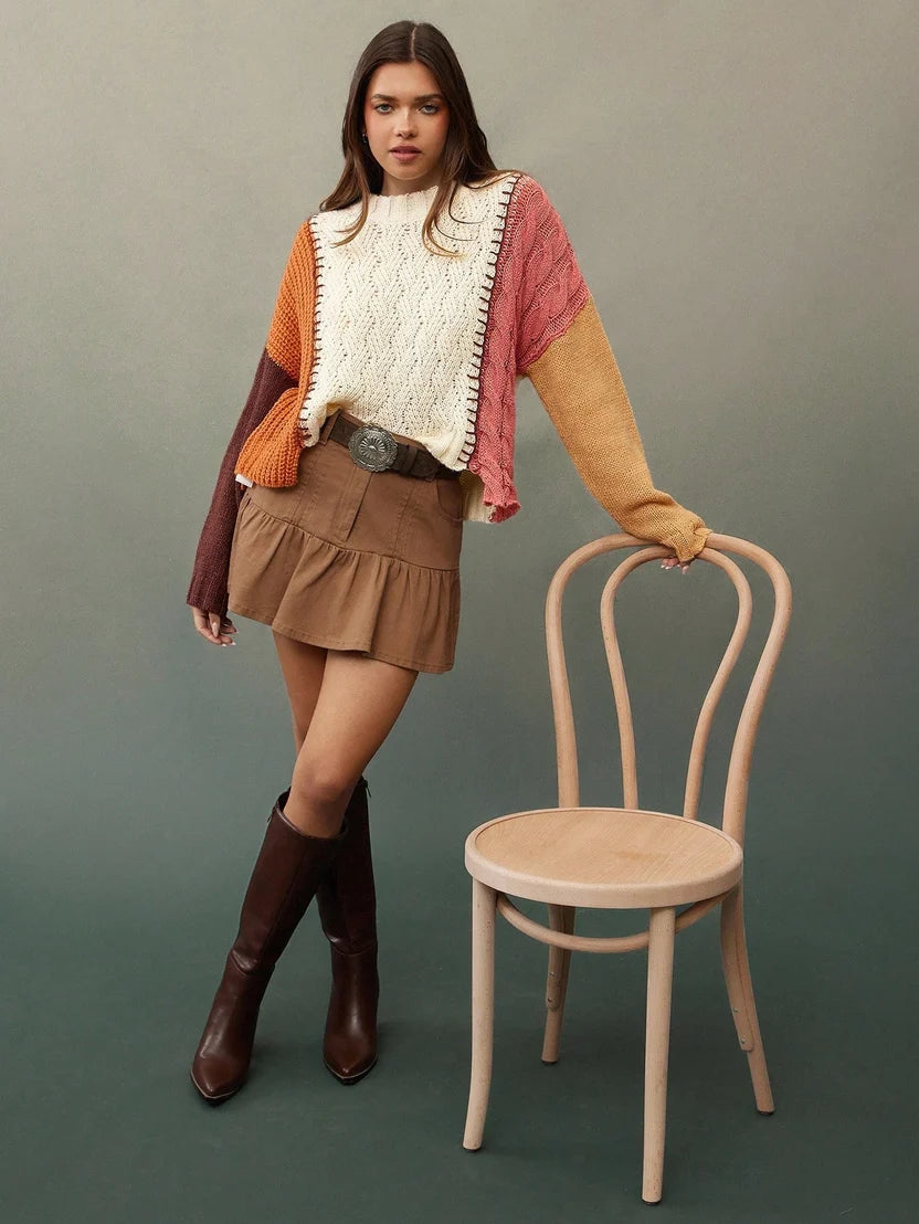 The Two Kinds Of Interest | Mixed Knit Colorblock Crewneck