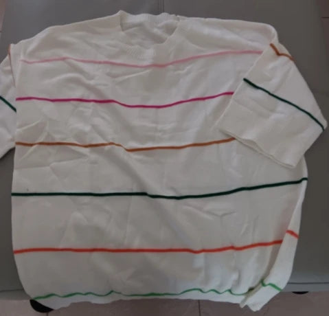 Acelitt All-Season Colorblock Striped 3/4 Sleeve Cold Shoulder Ribbed Crew Neck Casual Knit Top — view 2
