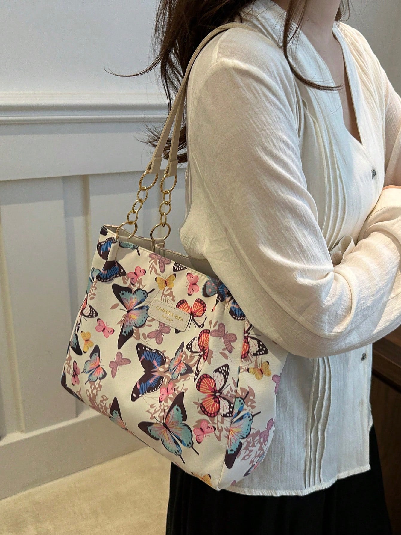 Fashion Striped Handbag For Women, Large Capacity Shoulder Bag, Daily Use Zipper Tote Bag With Metal Chain