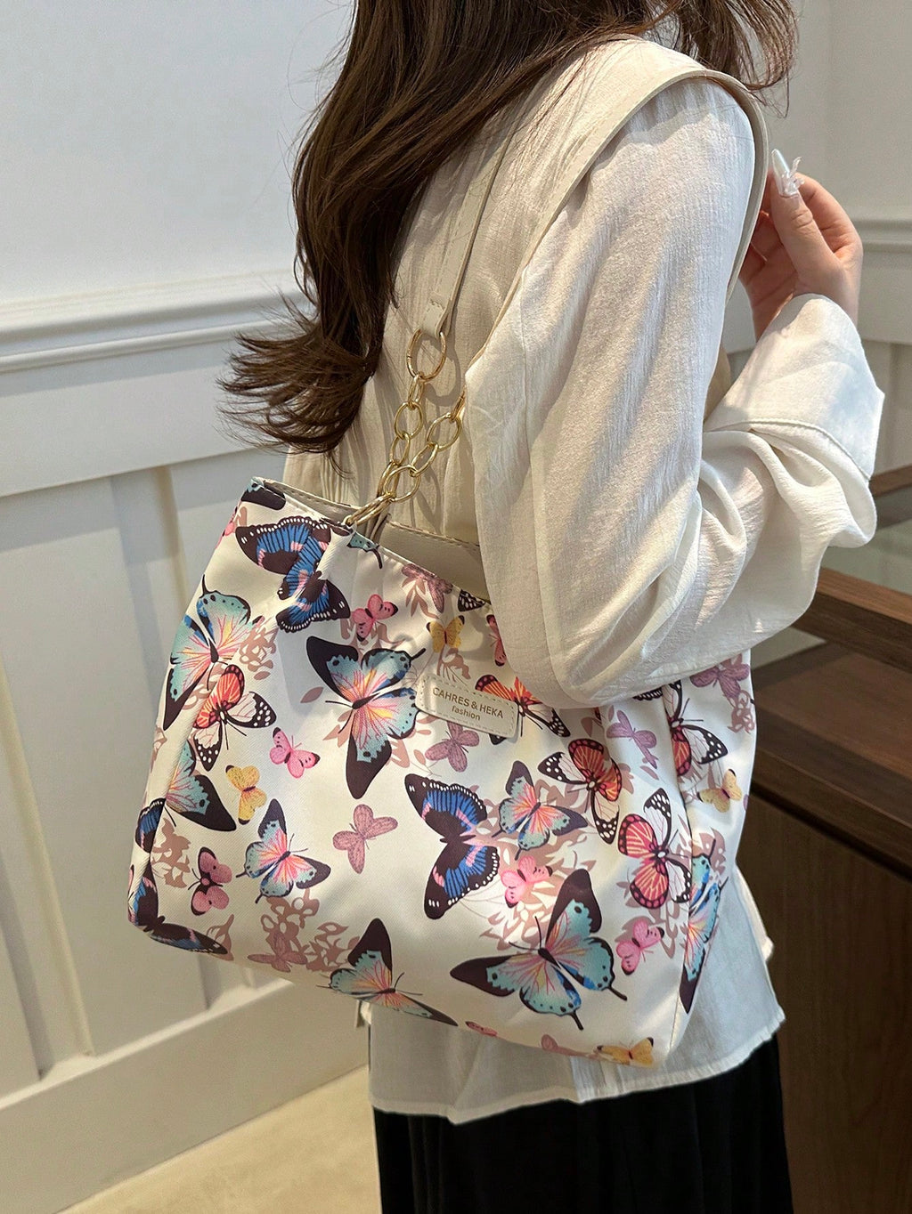 Fashion Striped Handbag For Women, Large Capacity Shoulder Bag, Daily Use Zipper Tote Bag With Metal Chain