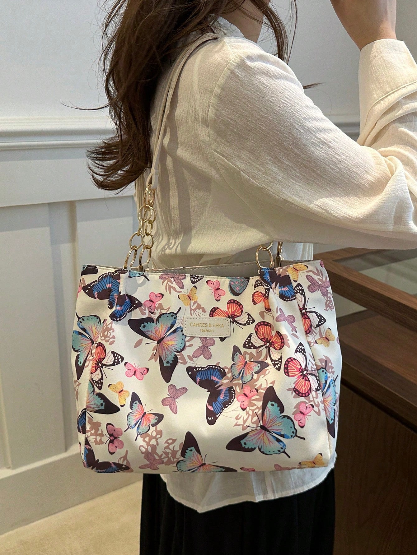 Fashion Striped Handbag For Women, Large Capacity Shoulder Bag, Daily Use Zipper Tote Bag With Metal Chain