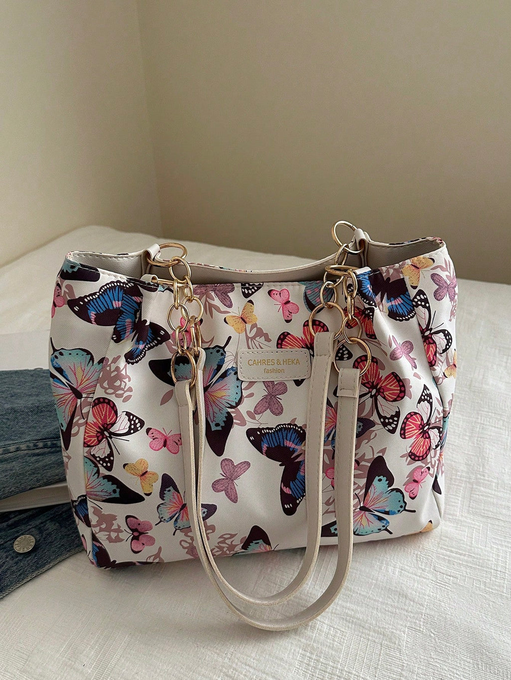 Fashion Striped Handbag For Women, Large Capacity Shoulder Bag, Daily Use Zipper Tote Bag With Metal Chain