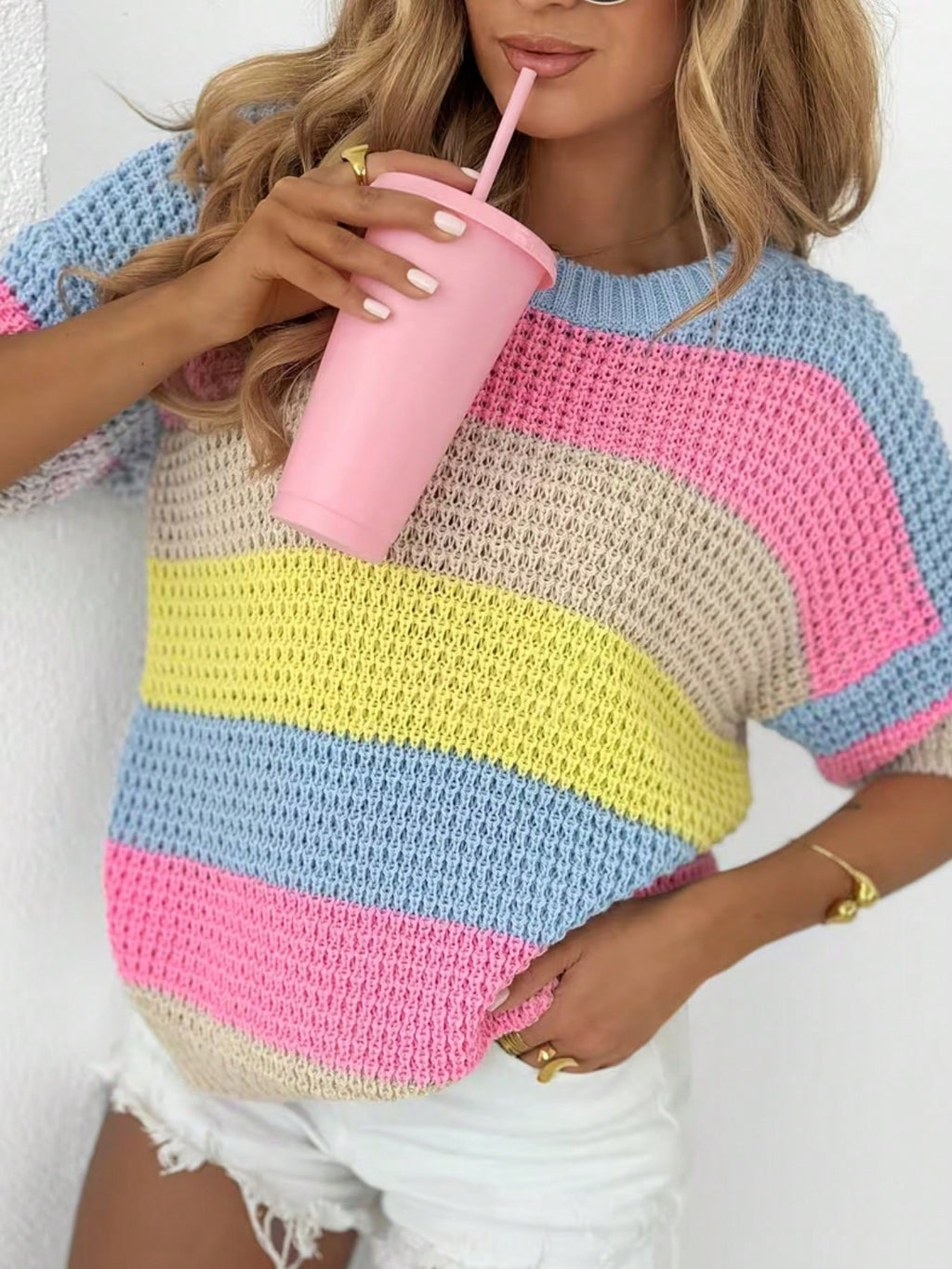 Colorful Striped Short Sleeve Sweater, Sweet Style Loose Round Neck Top, Soft And Breathable Fabric, Loose Single Short Sleeve Top, Suitable For Casual, Holiday And Travel Summer
