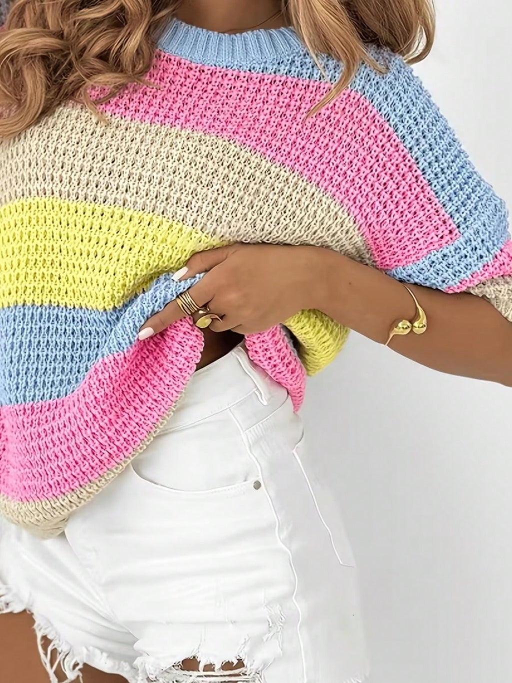Colorful Striped Short Sleeve Sweater, Sweet Style Loose Round Neck Top, Soft And Breathable Fabric, Loose Single Short Sleeve Top, Suitable For Casual, Holiday And Travel Summer