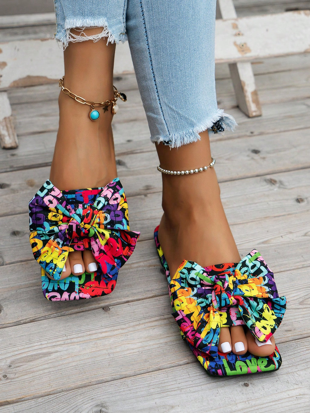 WRCVS Women's Summer Rainbow Print Flat Sandals, Sexy Party Slides With Floral Decor, Bohemian Style Vacation Sandals