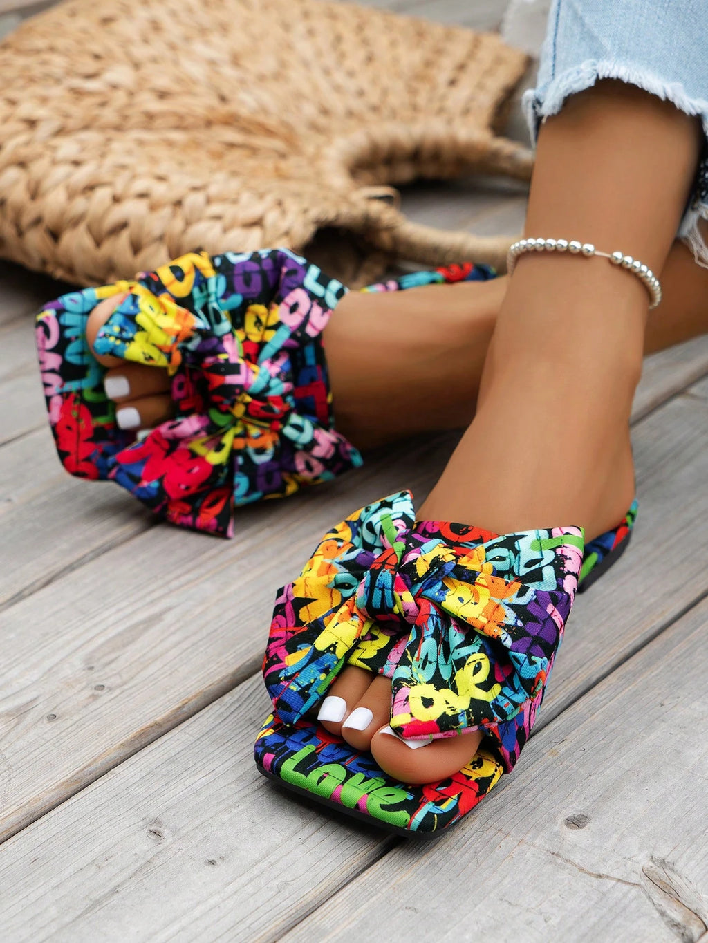 WRCVS Women's Summer Rainbow Print Flat Sandals, Sexy Party Slides With Floral Decor, Bohemian Style Vacation Sandals
