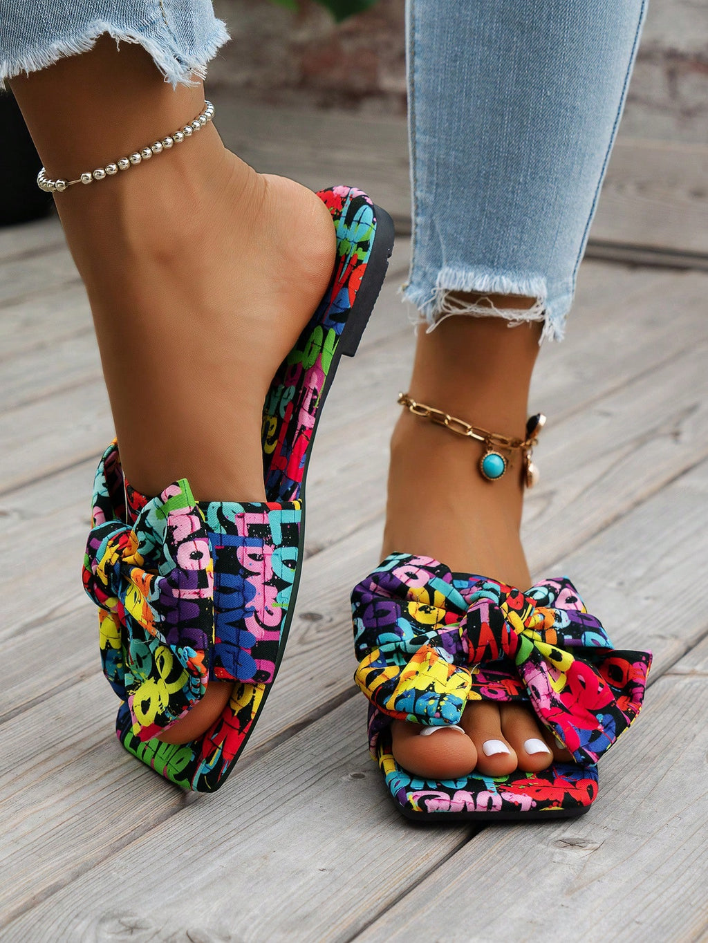 WRCVS Women's Summer Rainbow Print Flat Sandals, Sexy Party Slides With Floral Decor, Bohemian Style Vacation Sandals