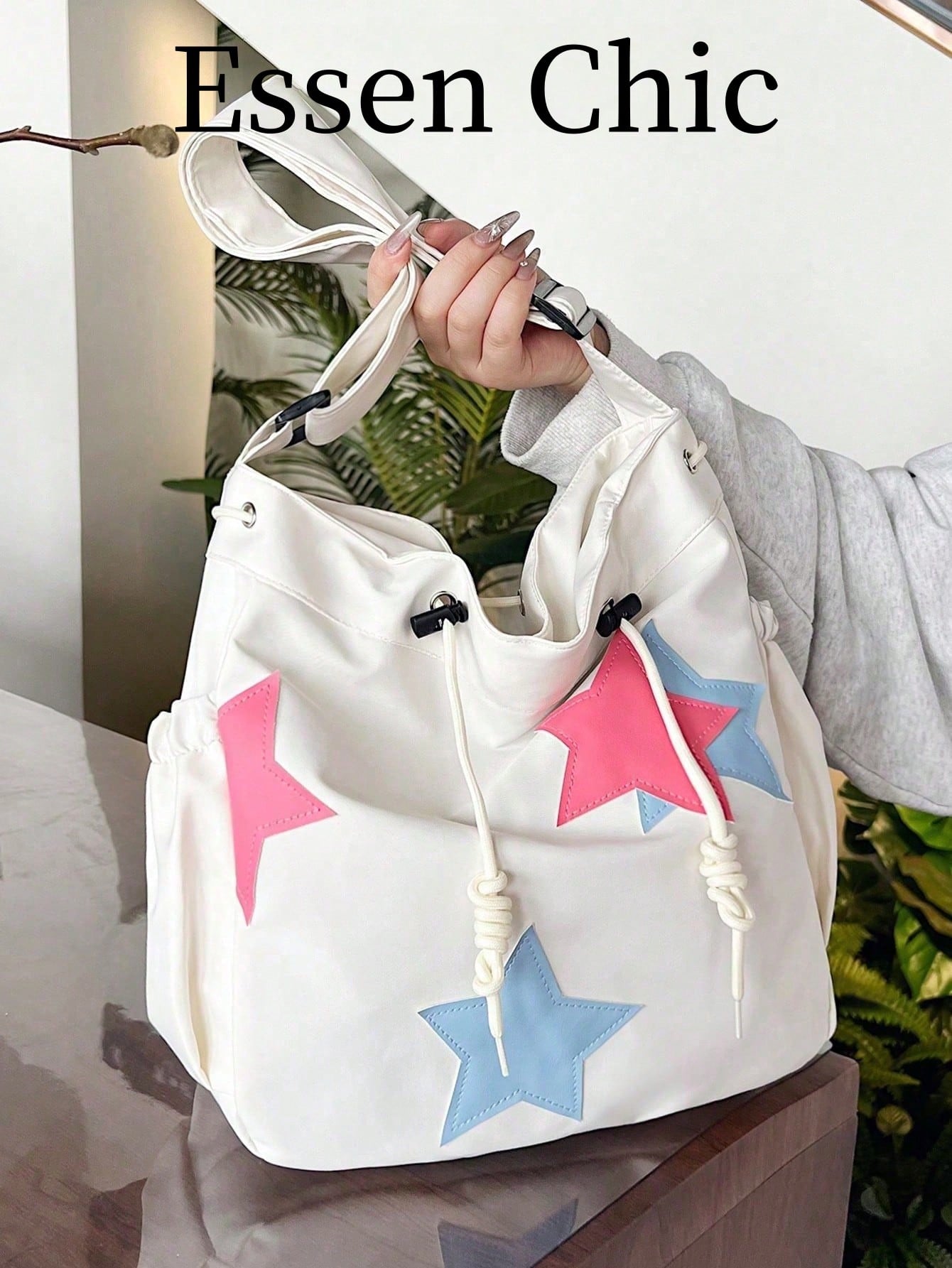 Solid Color Nylon Fabric Five-Point Star Decor Large Capacity Tote Bag Women's Shoulder Crossbody Student Bag