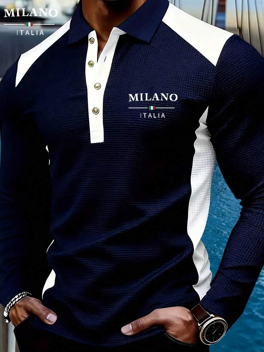Men's New Upgrade Waffle Knit Long Sleeve Thin Polo Shirt, Milano Letter Print Fashion Colorblock Design Polo — view 1