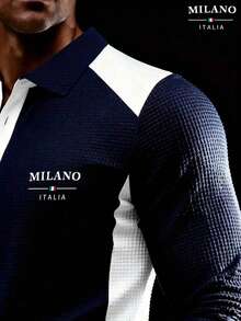 Men's New Upgrade Waffle Knit Long Sleeve Thin Polo Shirt, Milano Letter Print Fashion Colorblock Design Polo — view 7